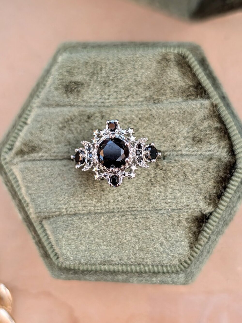 Retro Triple Moon Black Crystal Silver Tone Ring, Size 5.5